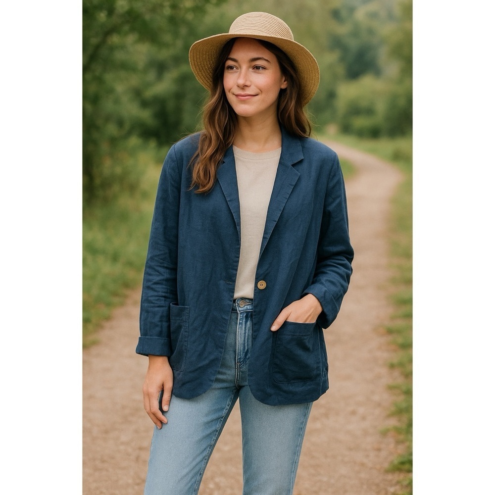 Vintage Havana‎ Womens Oversized Linen Rayon Blazer Navy Blue Longline Jacket M